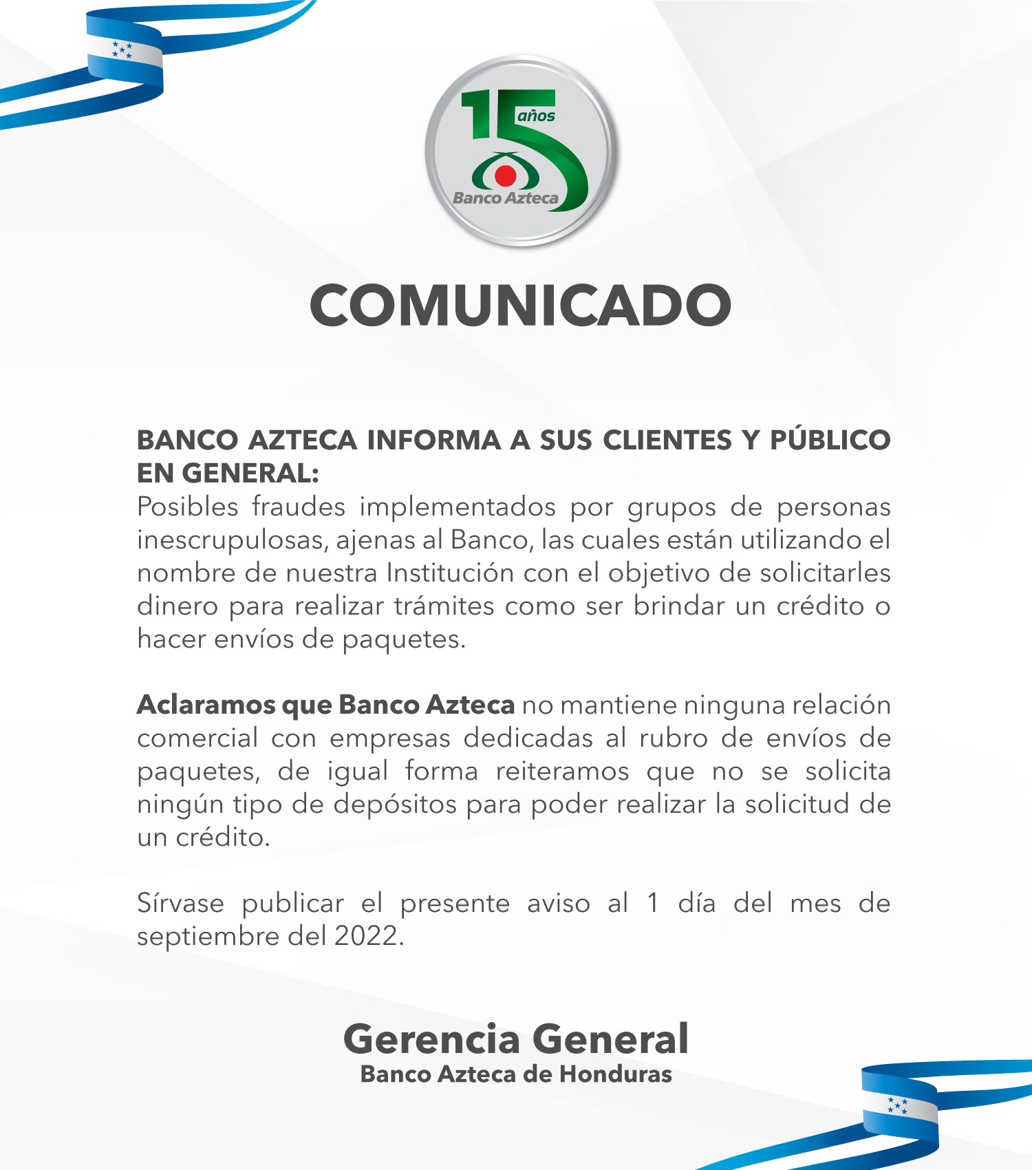 Comunicado Banco Azteca de Honduras